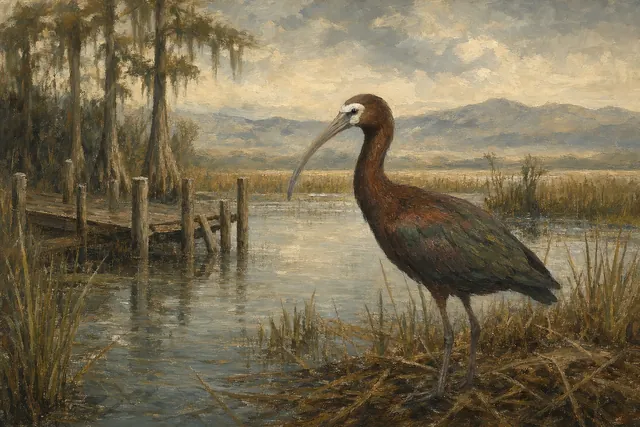 White-faced Ibis in Western Marsh, oil-painting-style print