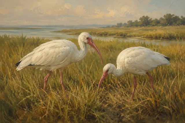 White Ibis Pair in Coastal Grass, oil-painting-style print