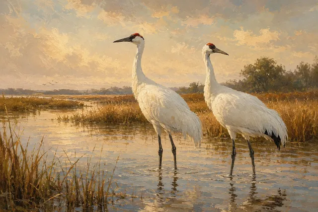 Whooping Crane Pair in Southern Wetland, oil-painting-style print