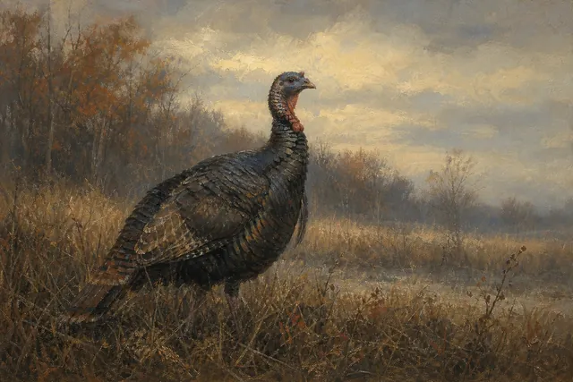 Wild Turkey in Misty Autumn Field, oil-painting-style print