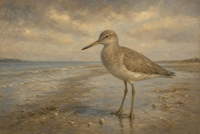 Willet on Quiet Beach, oil-painting-style print