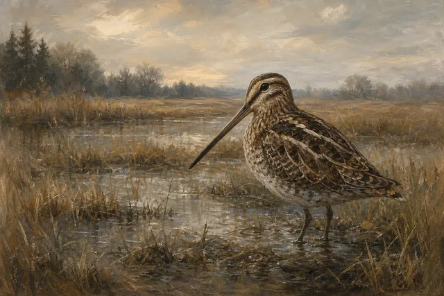Wilson's Snipe in Wet Meadow, oil-painting-style print