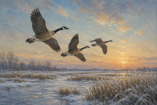 Winter Goose Flight Over Frozen Marsh, oil-painting-style print