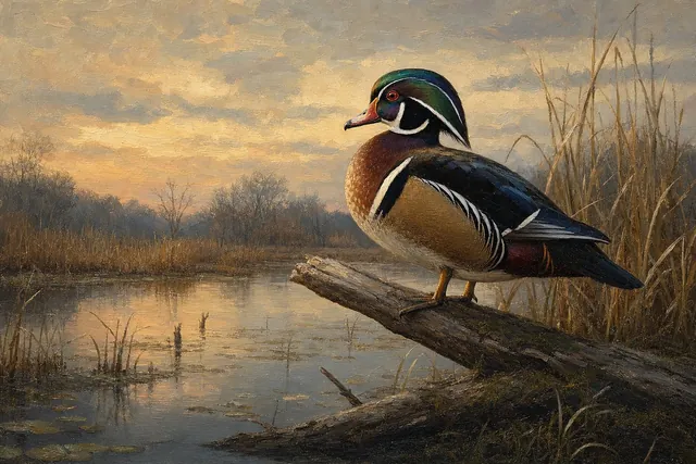 Wood Duck Drake on Fallen Branch - framed wetland bird print