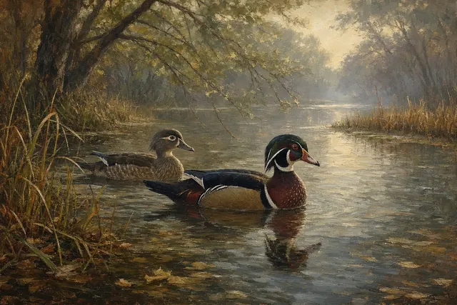Wood Ducks in Misty Creek, oil-painting-style print