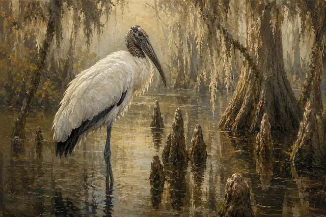 Wood Stork in Southern Cypress Swamp, oil-painting-style print
