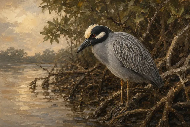 Yellow-crowned Night Heron in Mangroves, oil-painting-style print