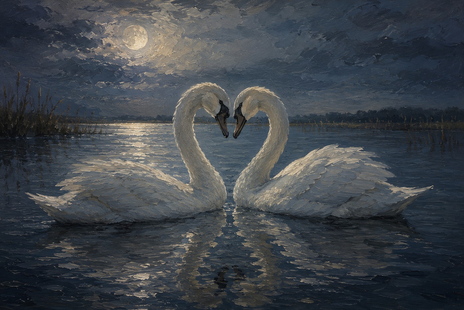 Two Swans in Moonlit Water