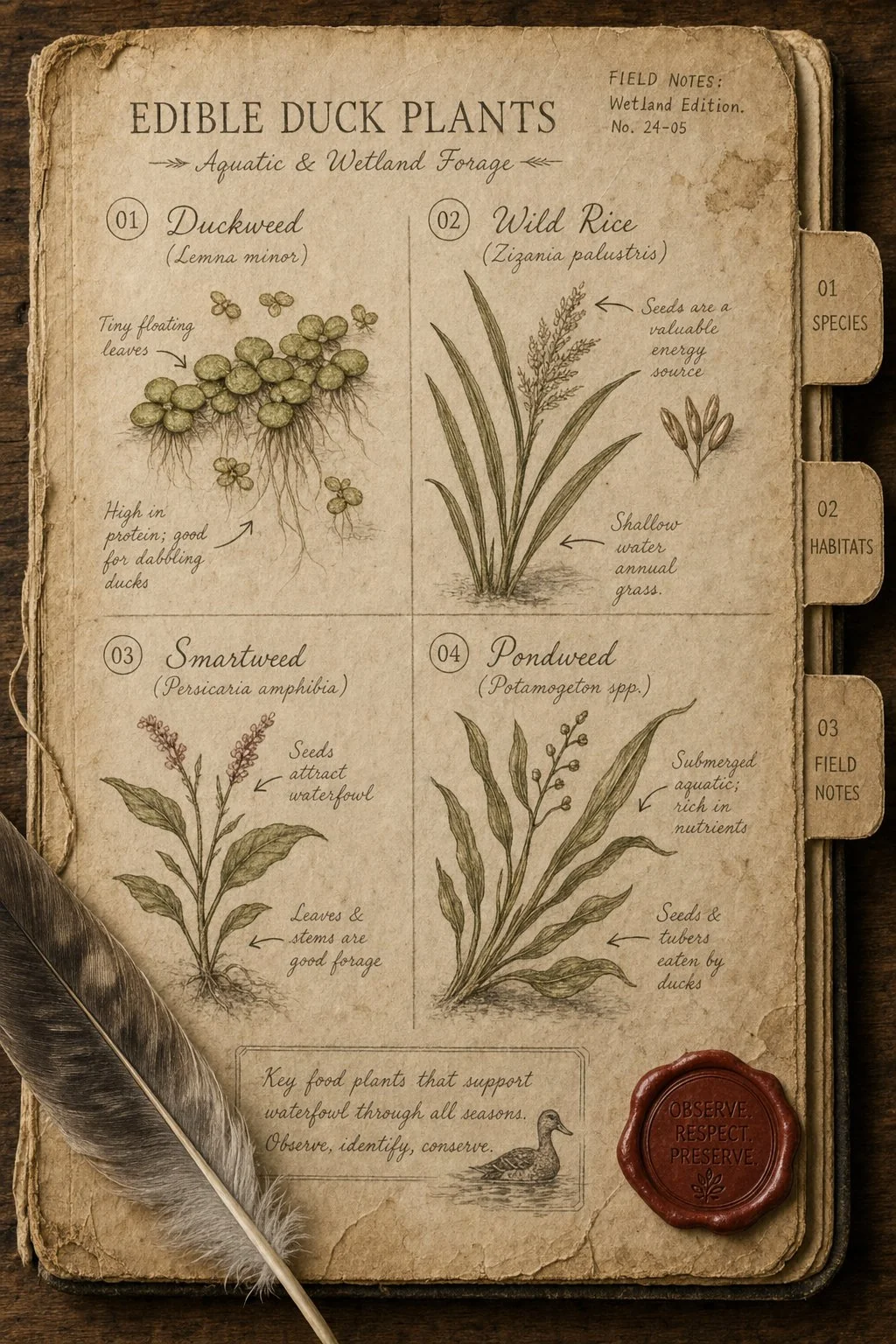 Botanical specimen grid of edible duck plants - field journal plate