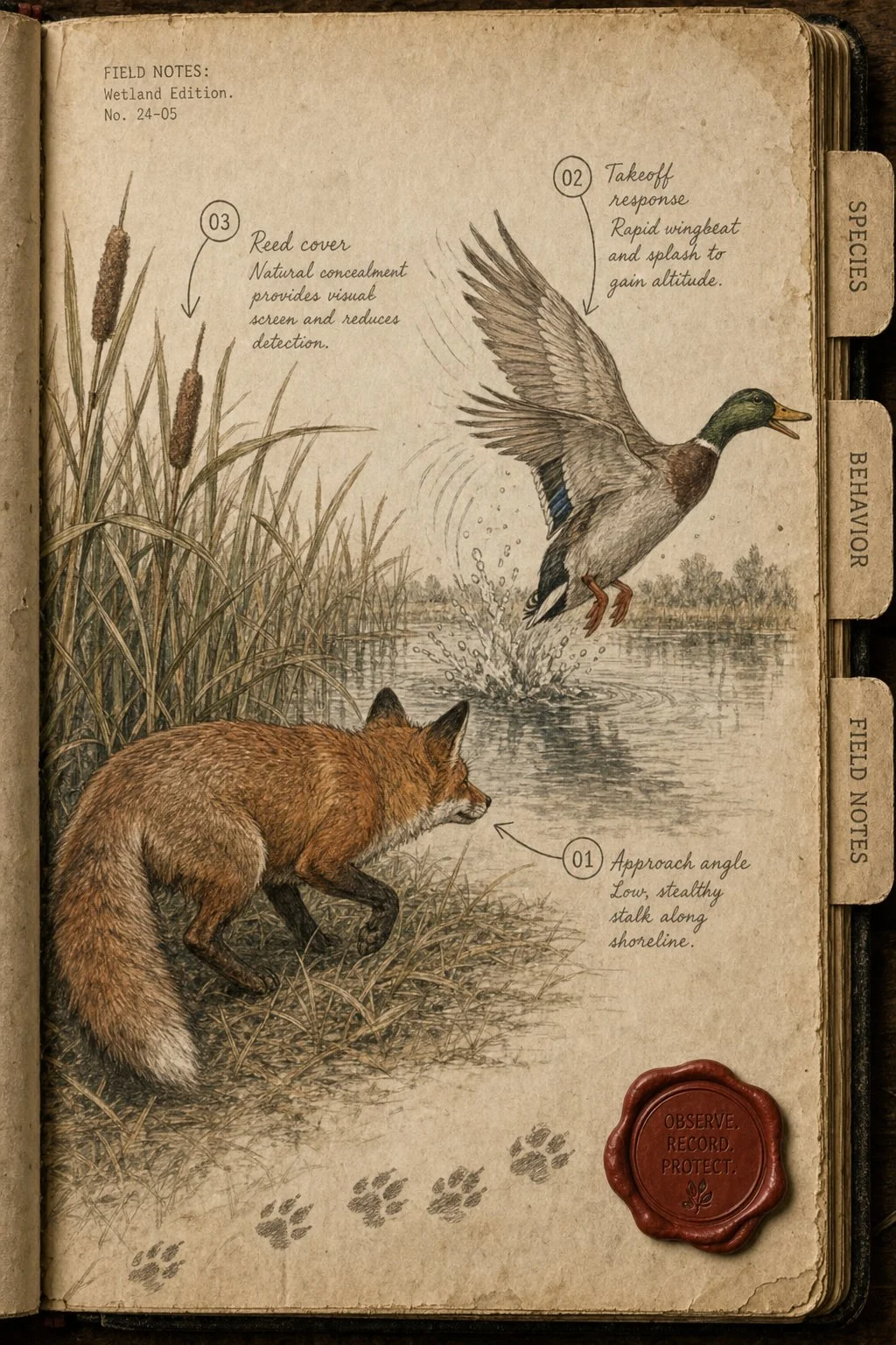 Red fox stalking a mallard in pond reeds - field journal plate