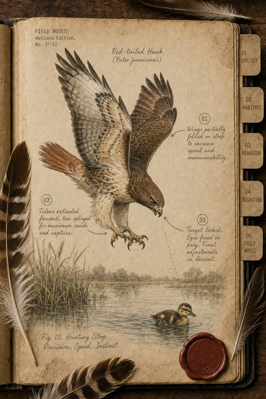 Red-tailed hawk in mid-stoop diving toward a duckling - field journal plate