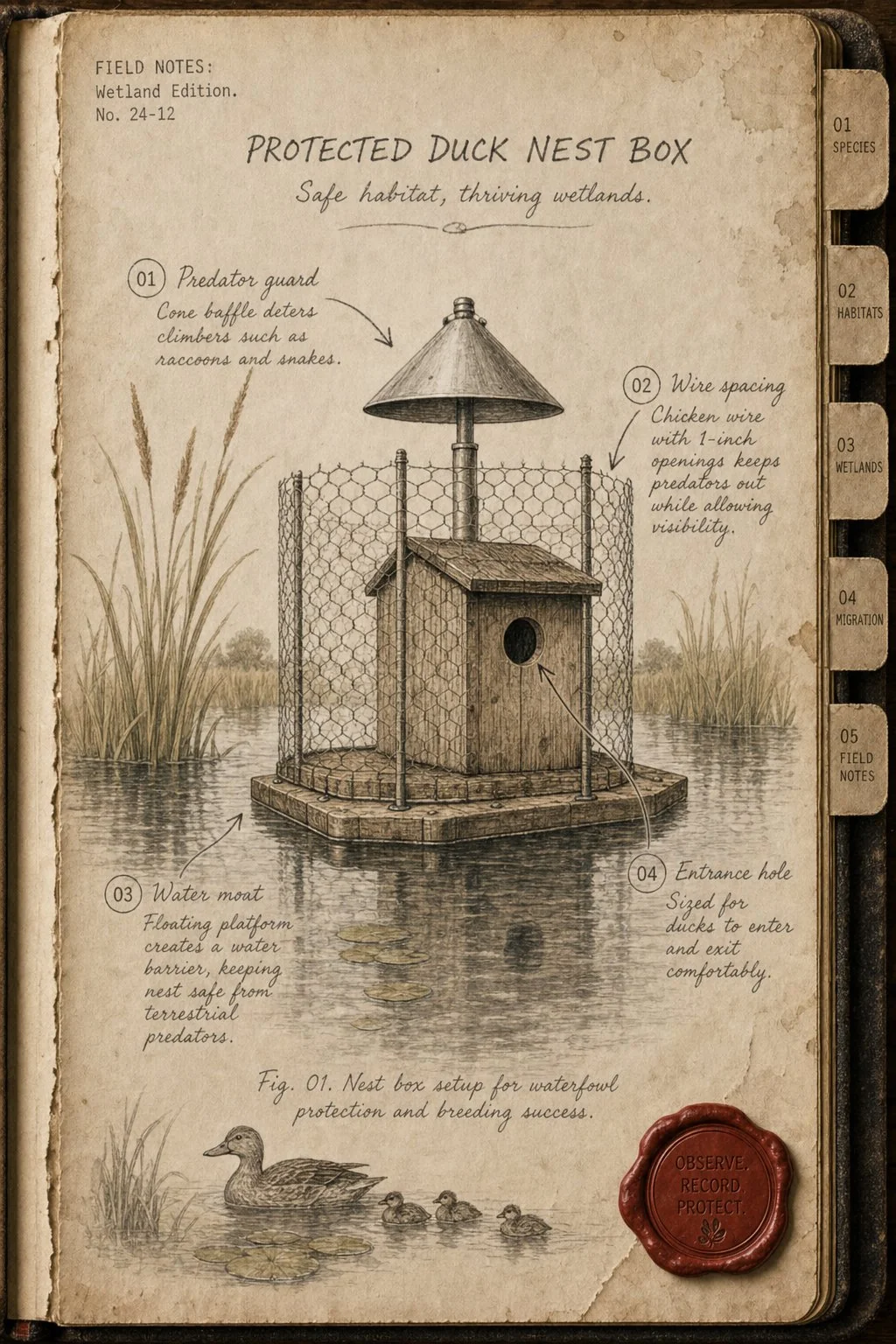 Protected duck nest box on pole with predator guard and chicken wire - field journal plate