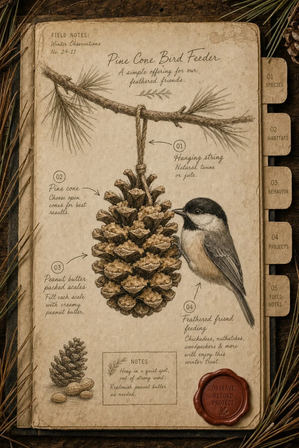 Pine cone feeder loaded with peanut butter - field journal plate
