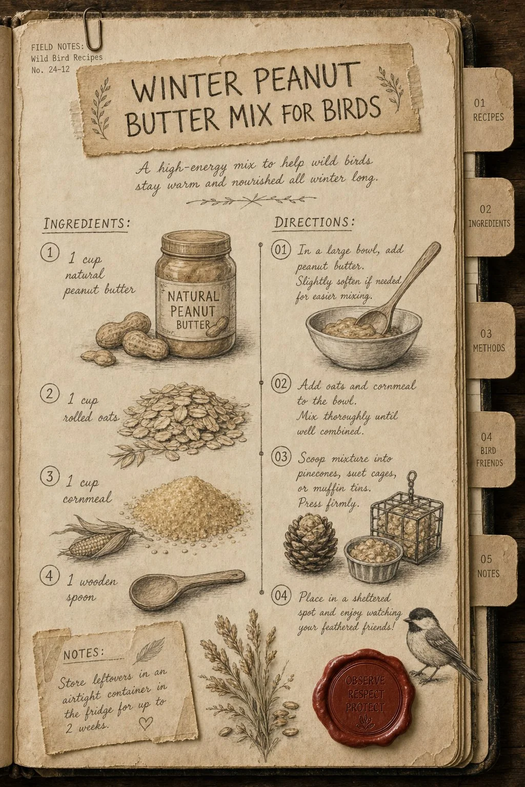 Handwritten recipe card for winter peanut butter bird mix - field journal plate