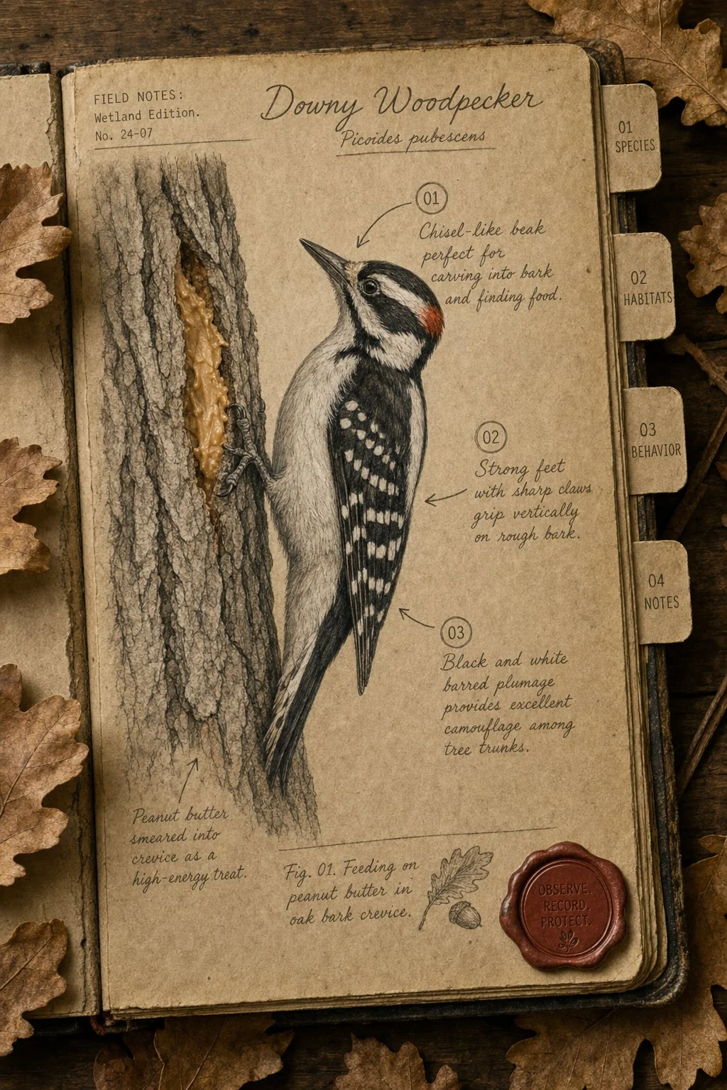 Downy woodpecker on bark with peanut butter - field journal plate