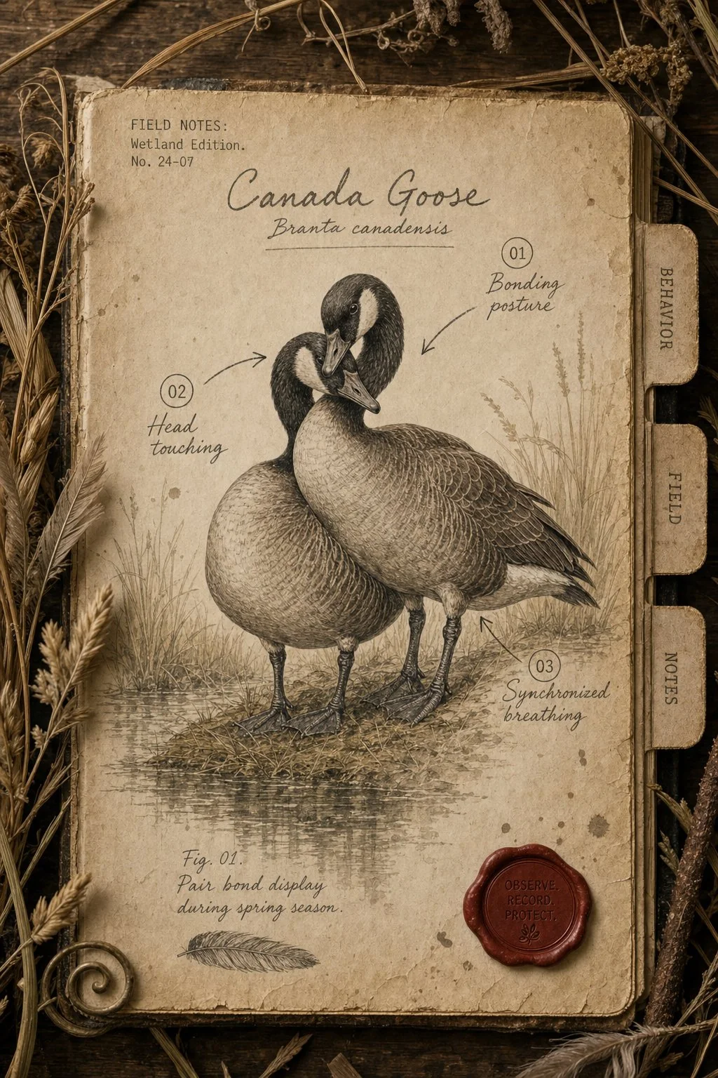 Bonded pair of Canada geese preening one another - field journal plate