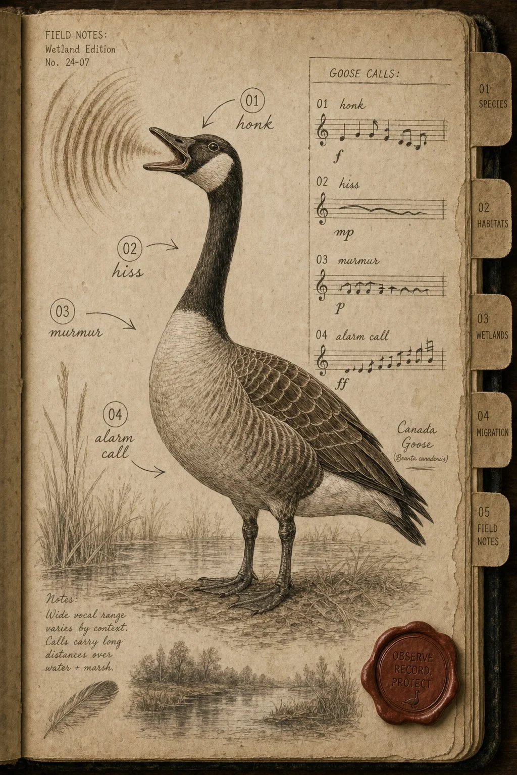Canada goose honking with annotated soundwaves - field journal plate