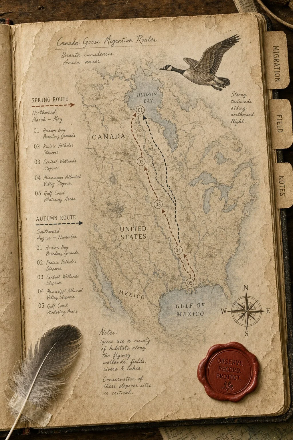 Canada goose migration route map across North America - field journal plate