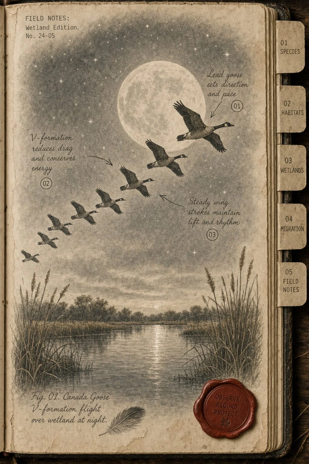 V-formation of Canada geese flying under a full moon - field journal plate