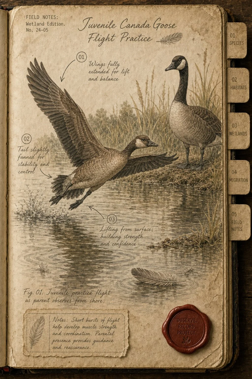 Juvenile Canada goose practising flight - field journal plate