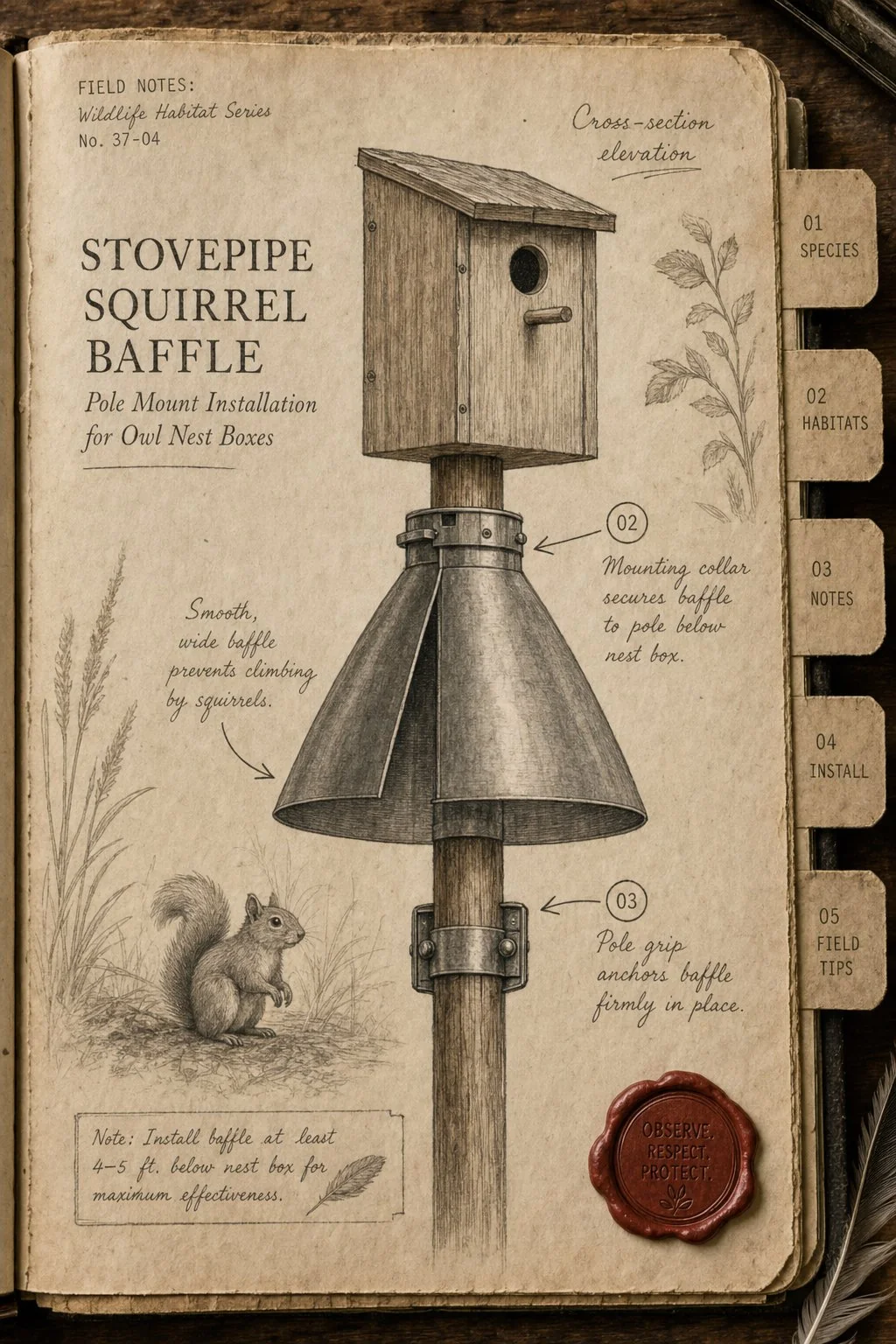 Stovepipe squirrel baffle cross-section diagram - field journal plate