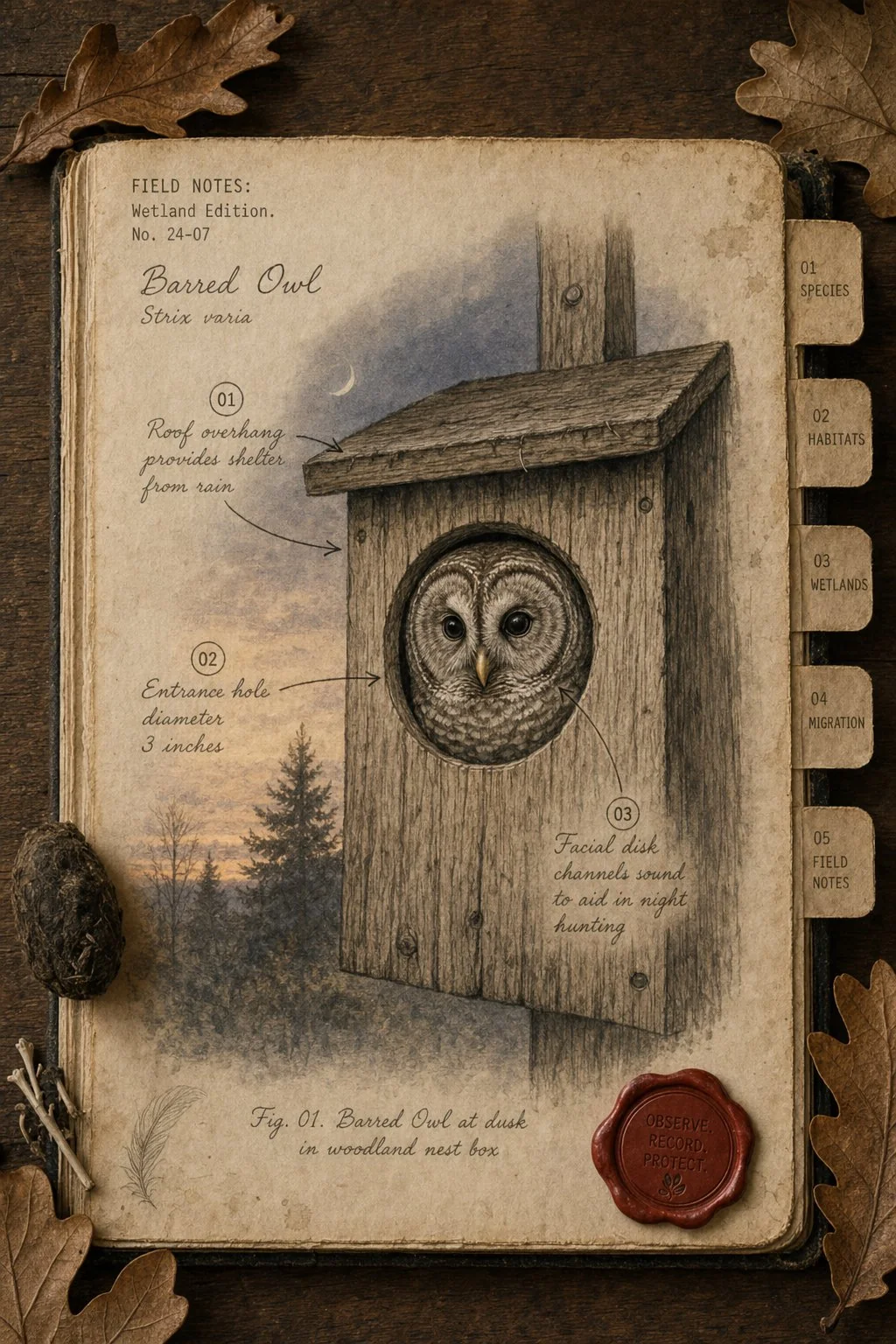 Barred owl at the entrance of a wooden nest box - field journal plate