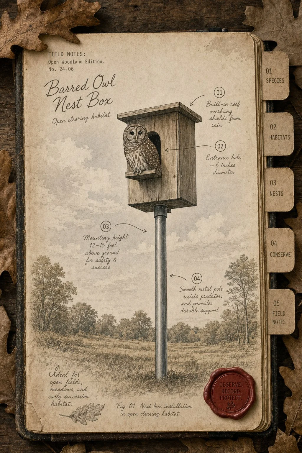 Owl nest box mounted on a smooth pole with baffle - field journal plate