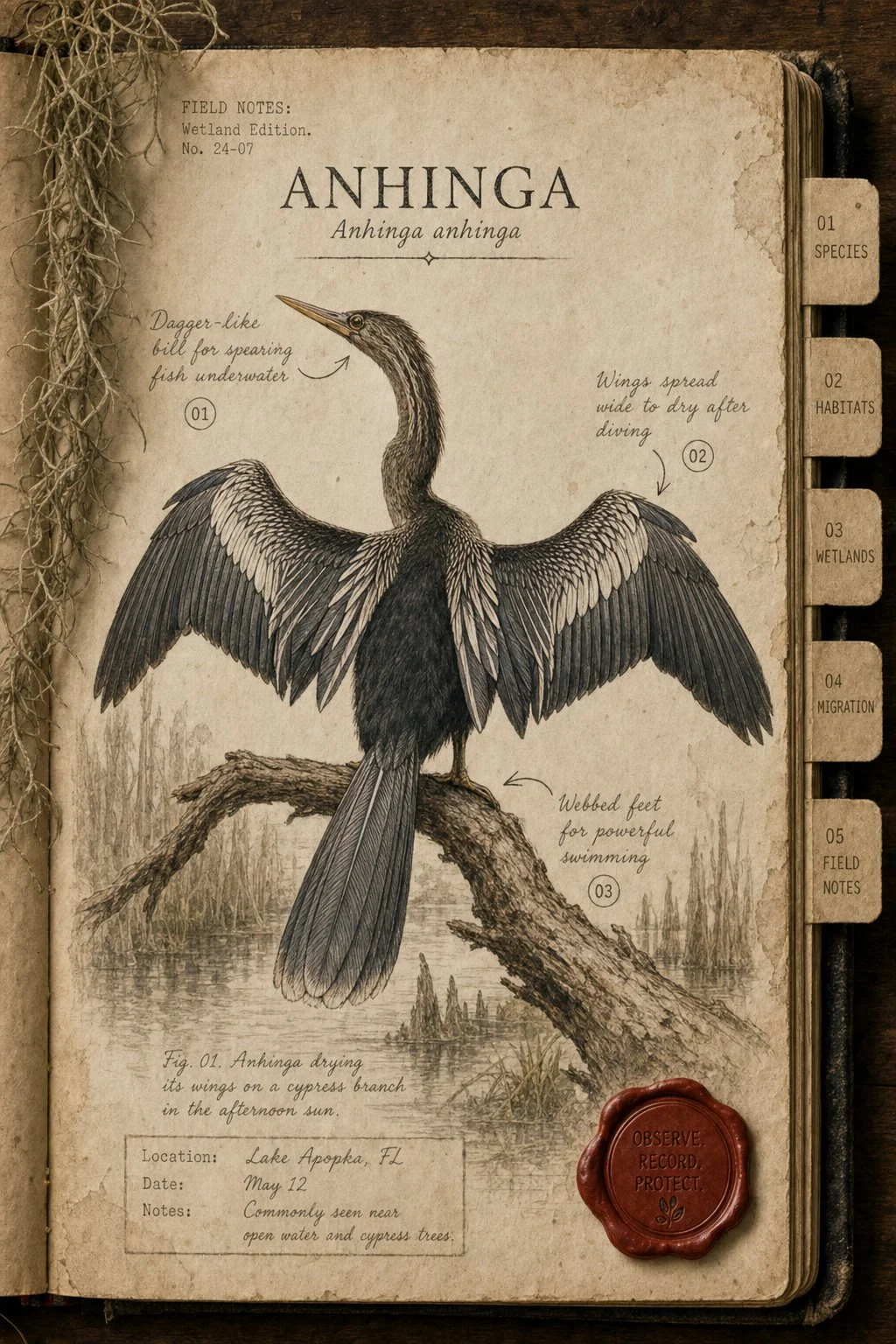 Anhinga perched with wings spread to dry - field journal plate