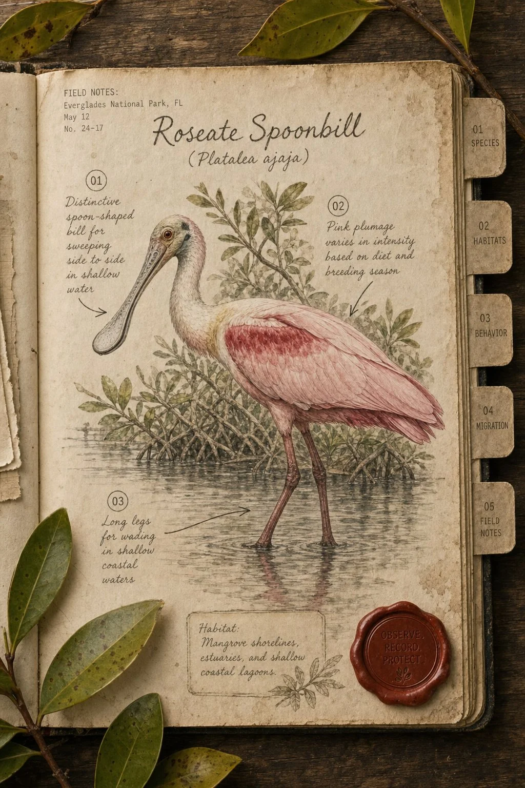 Roseate Spoonbill in Florida mangrove water - field journal plate
