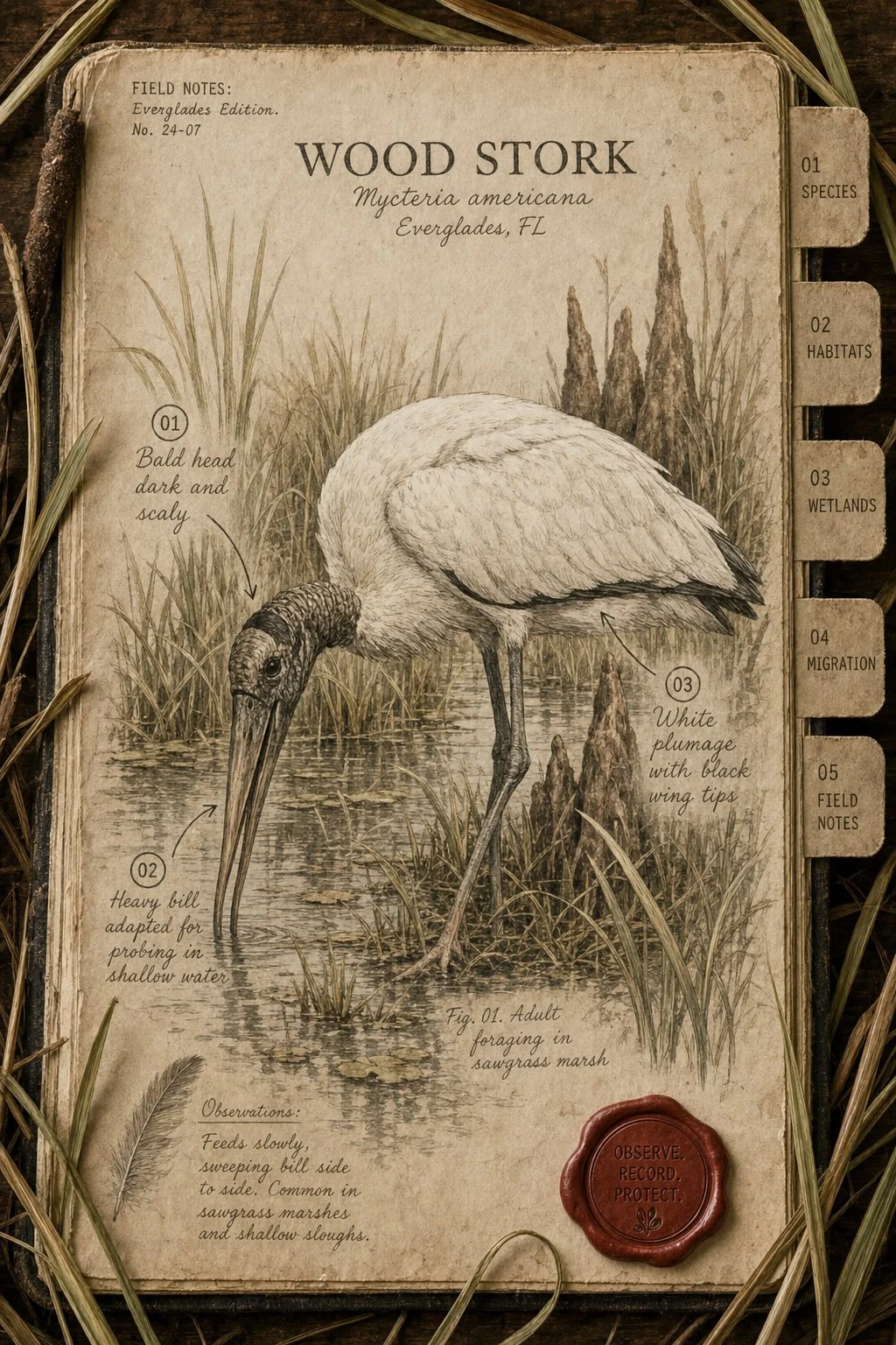 Wood Stork in the Everglades sawgrass - field journal plate