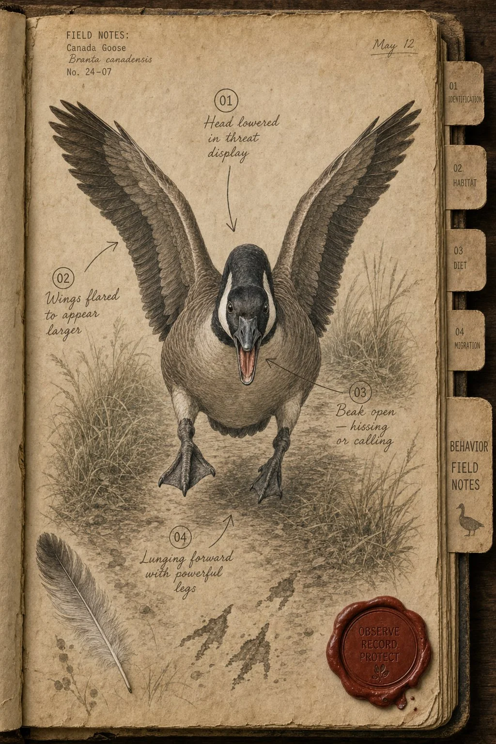 Canada goose chasing with wings flared - field journal plate