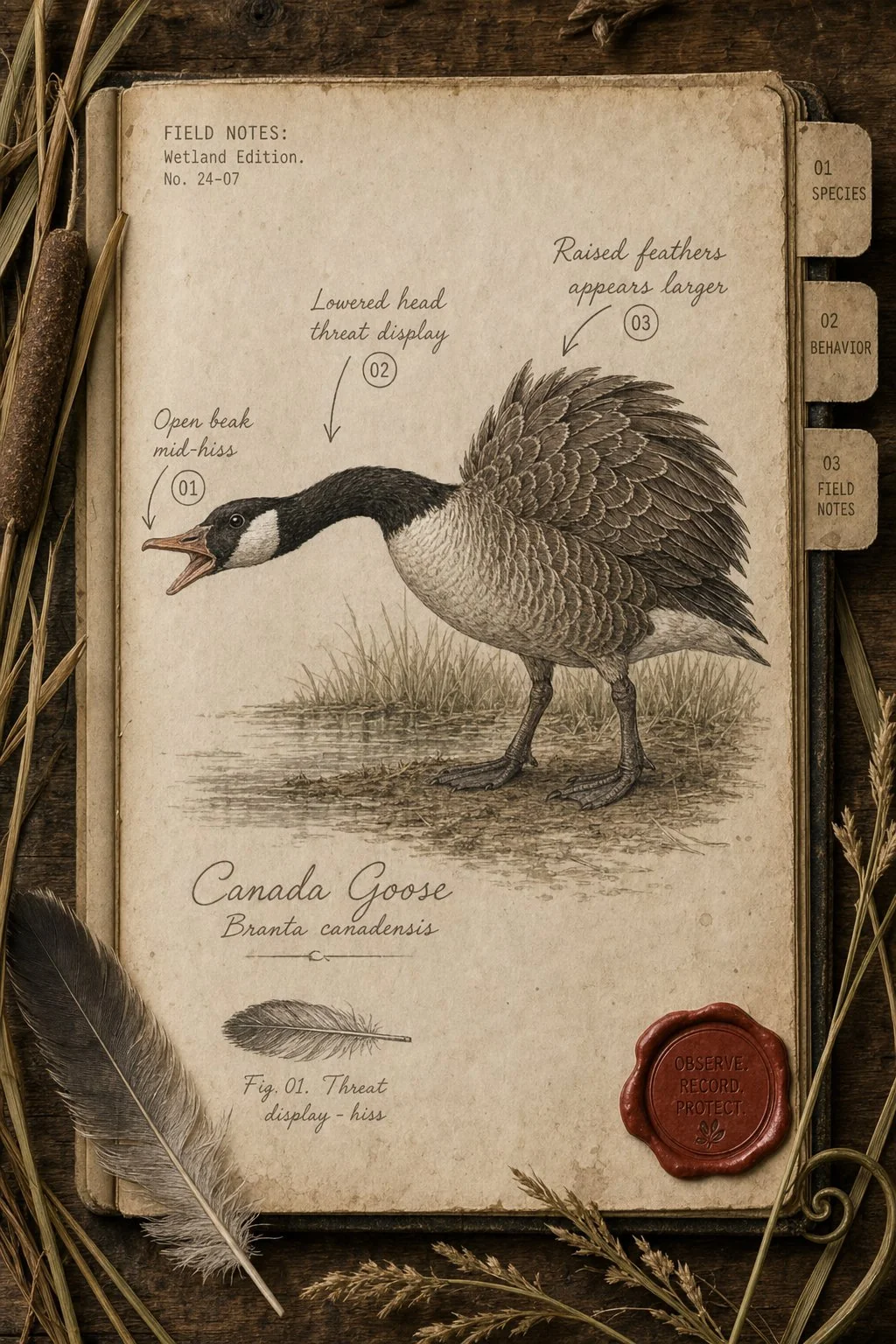 Canada goose hissing in warning posture - field journal plate
