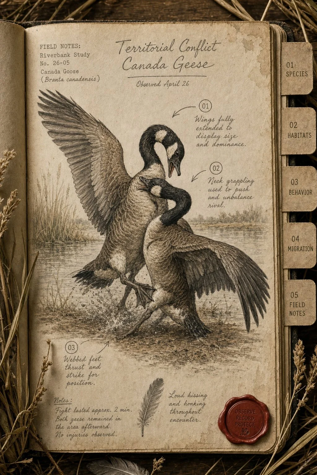 Two Canada geese in a territorial fight - field journal plate